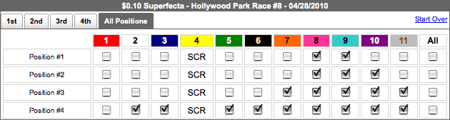 A nine horse dime superfecta for $7.20